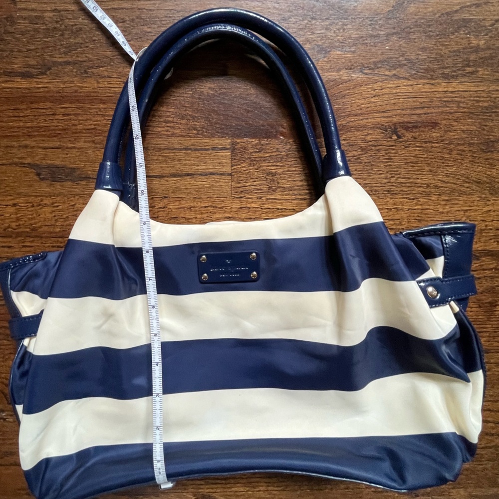 Kate Navy and Cream Sateen and Parent Leather Striped Bag - Picture 7 of 13